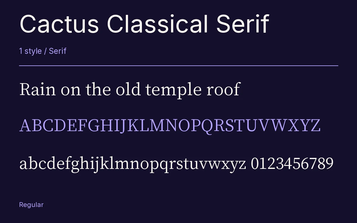 Cactus Classical Serif type specimen with letters and figures