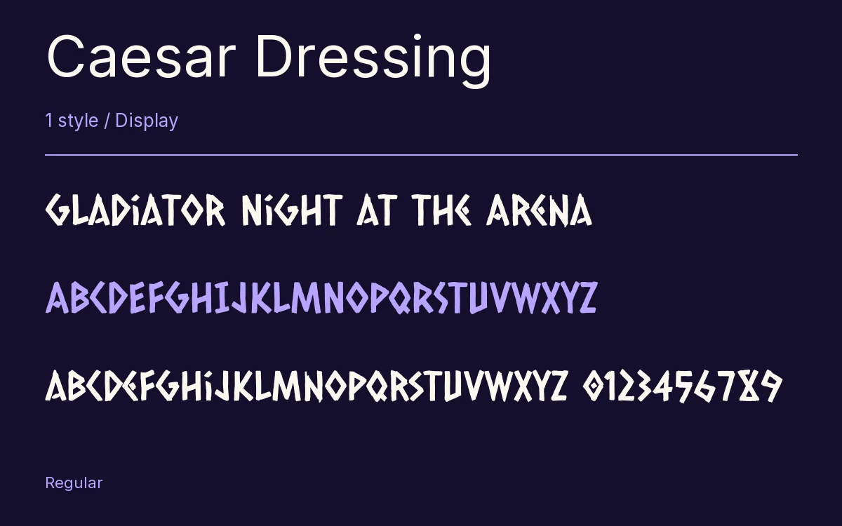 Caesar Dressing type specimen with letters and figures