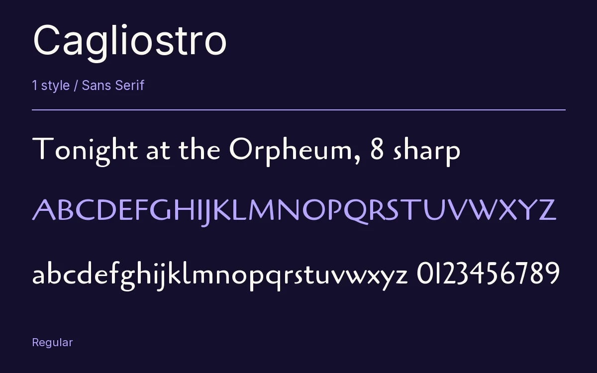 Cagliostro type specimen with letters and figures