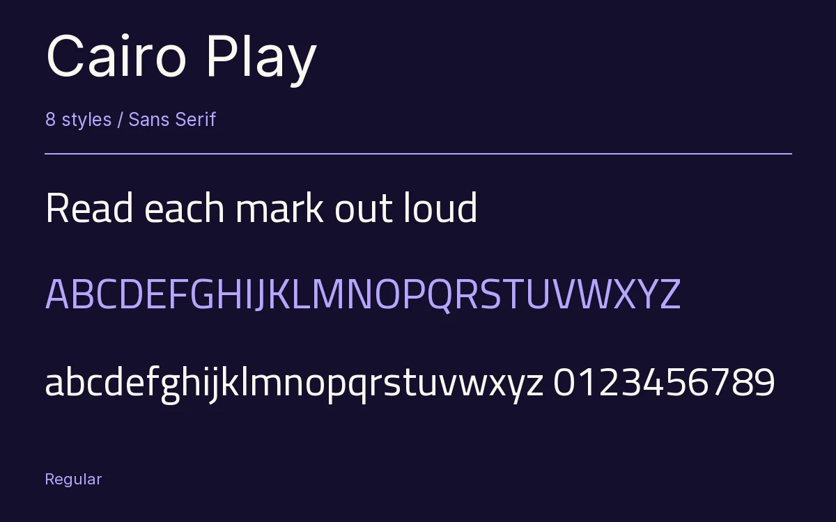 Cairo Play type specimen with letters and figures