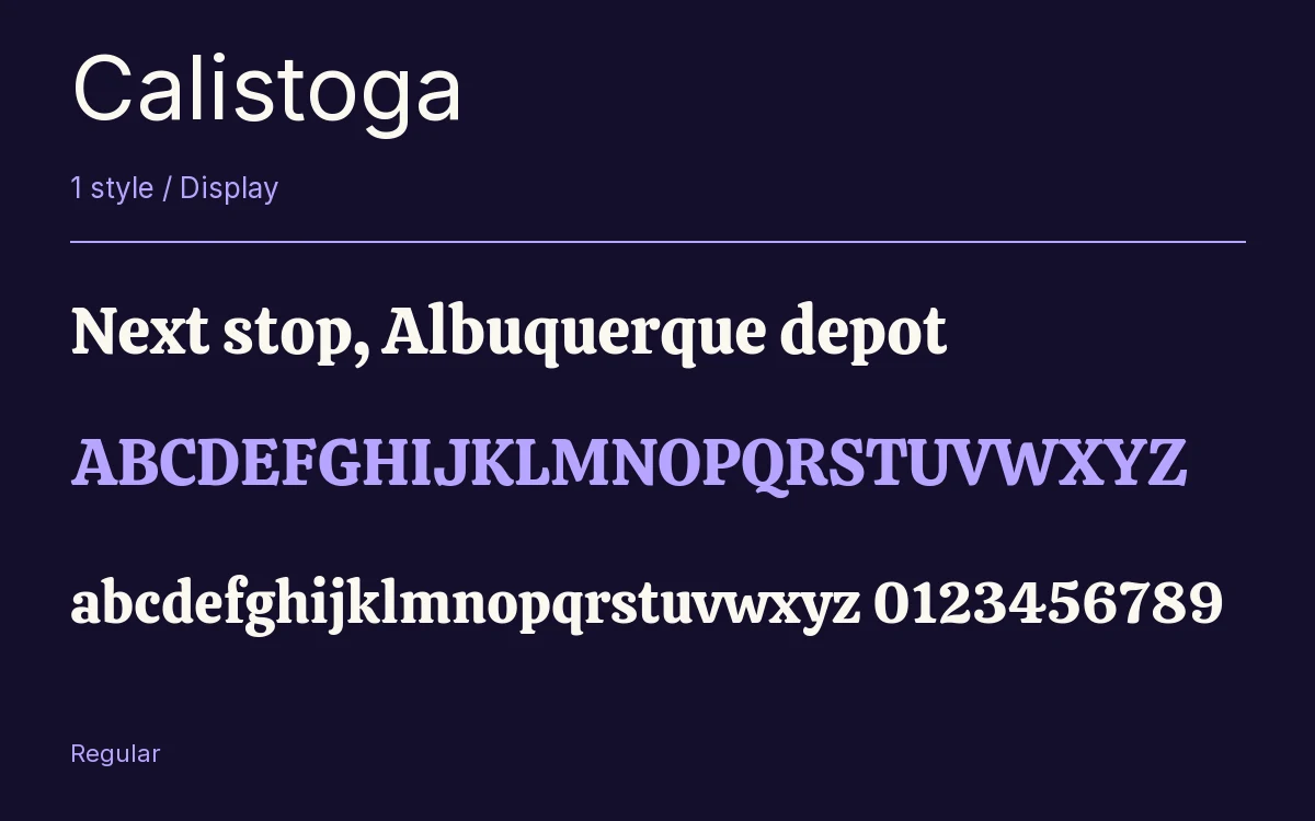 Calistoga type specimen with letters and figures