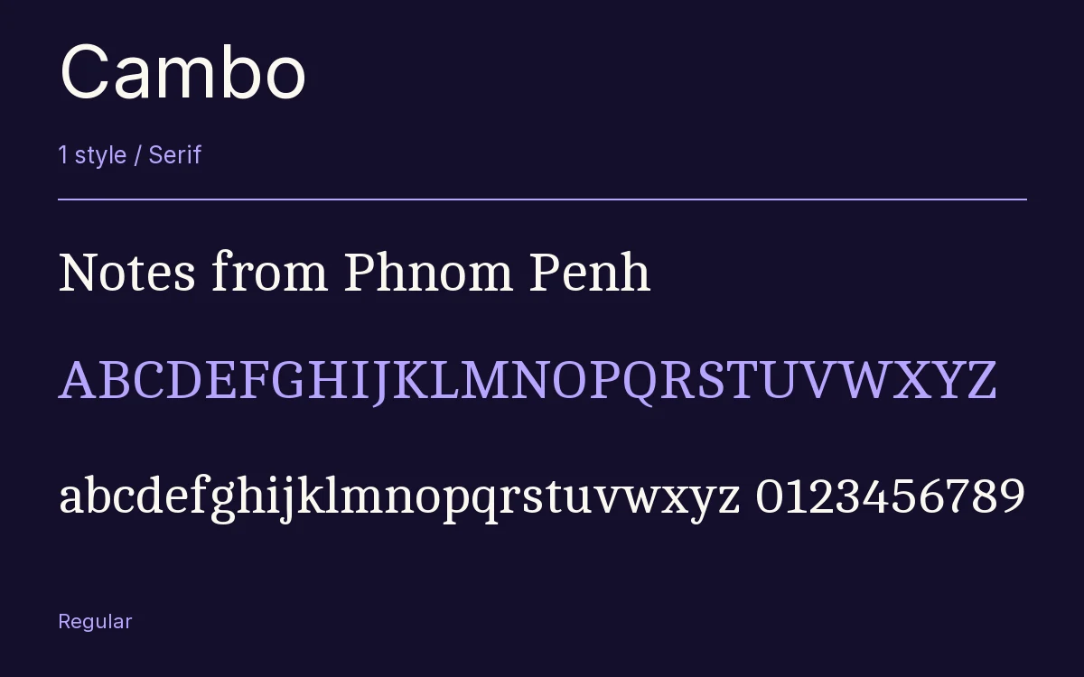 Cambo type specimen with letters and figures