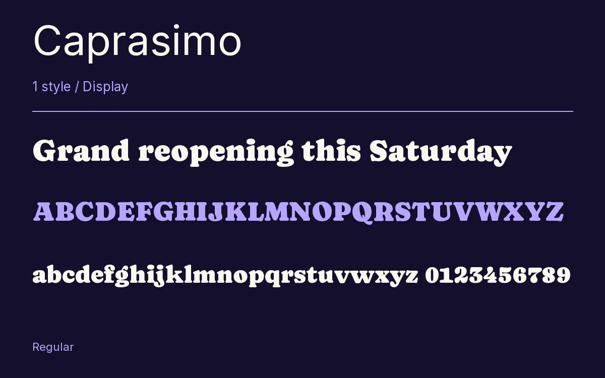 Caprasimo type specimen with letters and figures