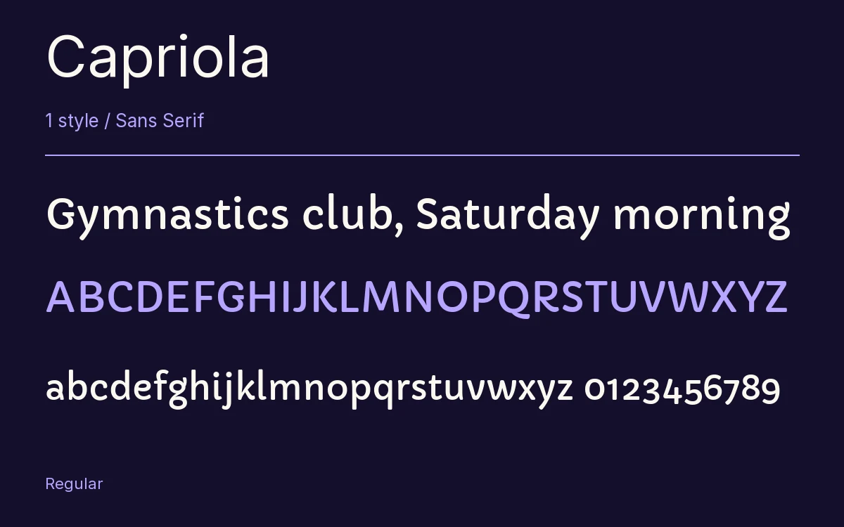Capriola type specimen with letters and figures