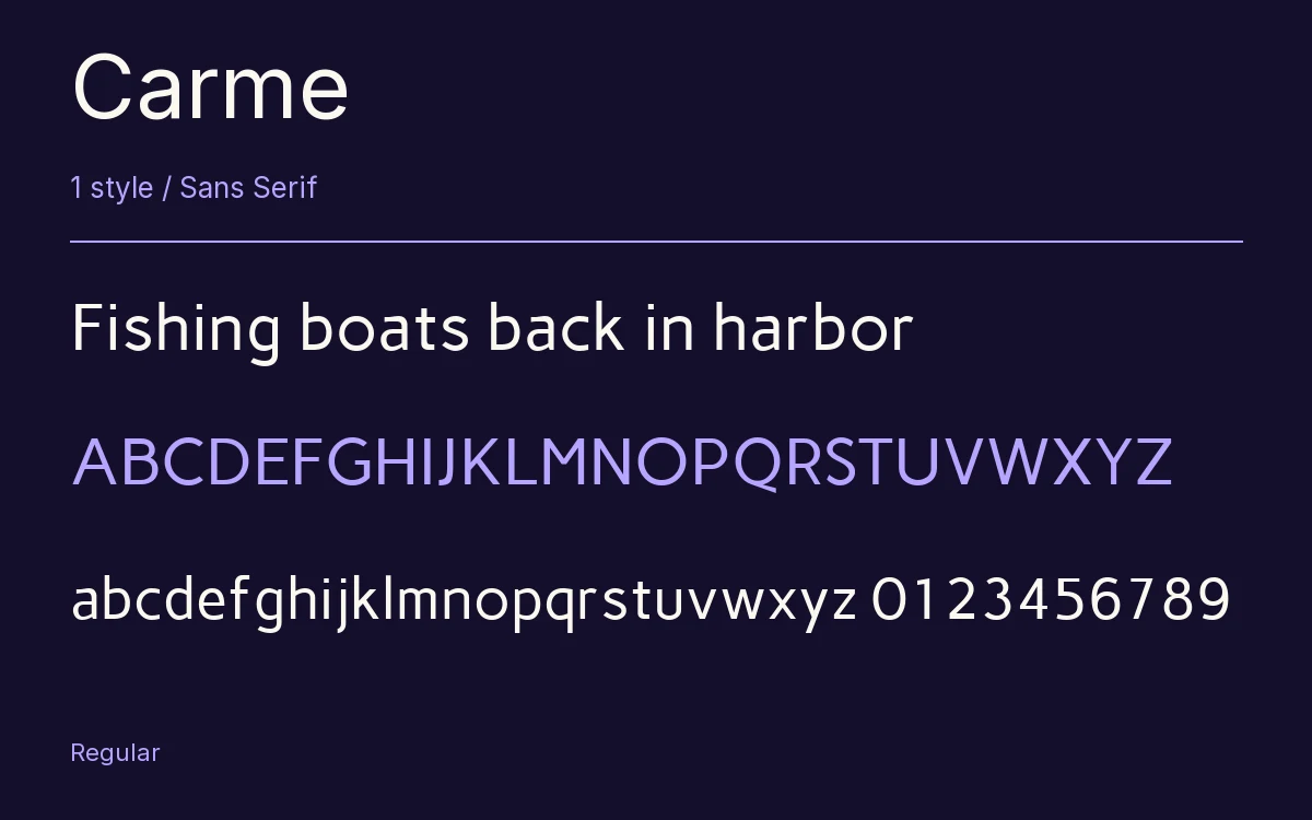Carme type specimen with letters and figures