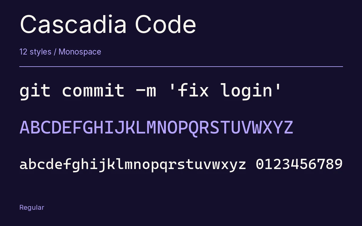 Cascadia Code type specimen with letters and figures