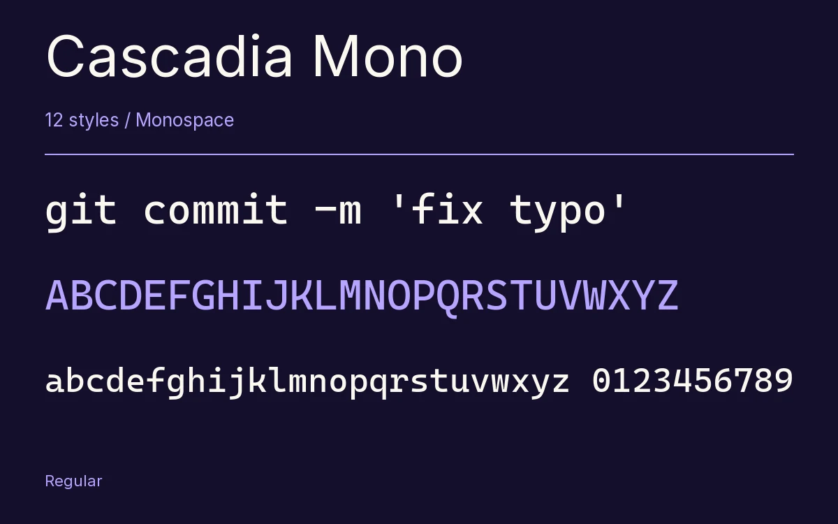 Cascadia Mono type specimen with letters and figures