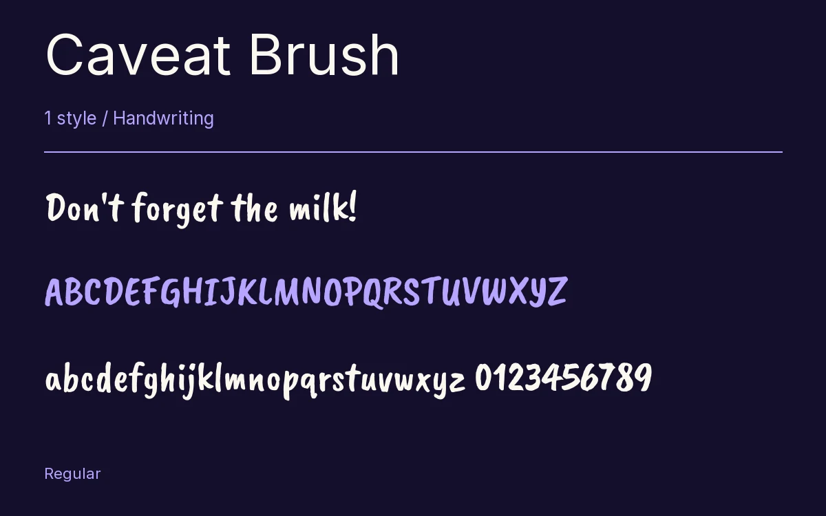 Caveat Brush type specimen with letters and figures