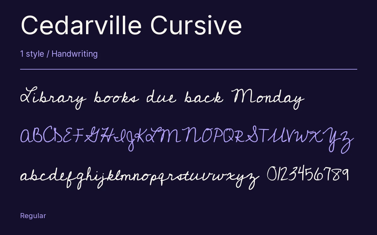 Cedarville Cursive type specimen with letters and figures