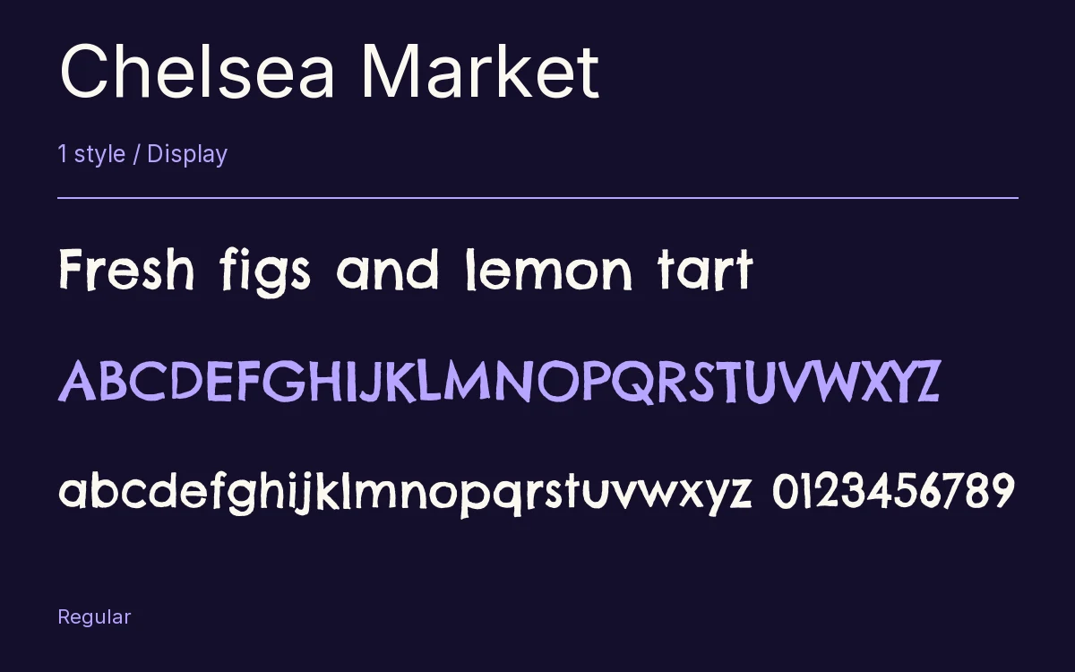 Chelsea Market type specimen with letters and figures