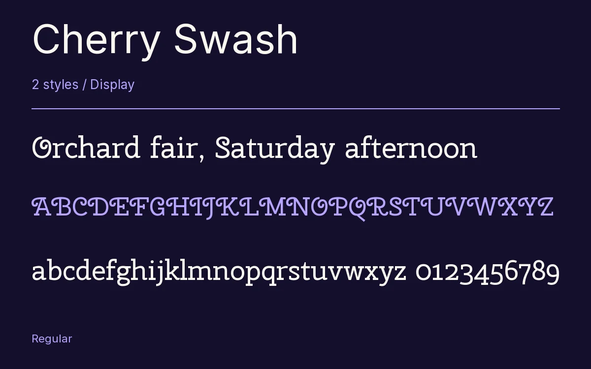 Cherry Swash type specimen with letters and figures
