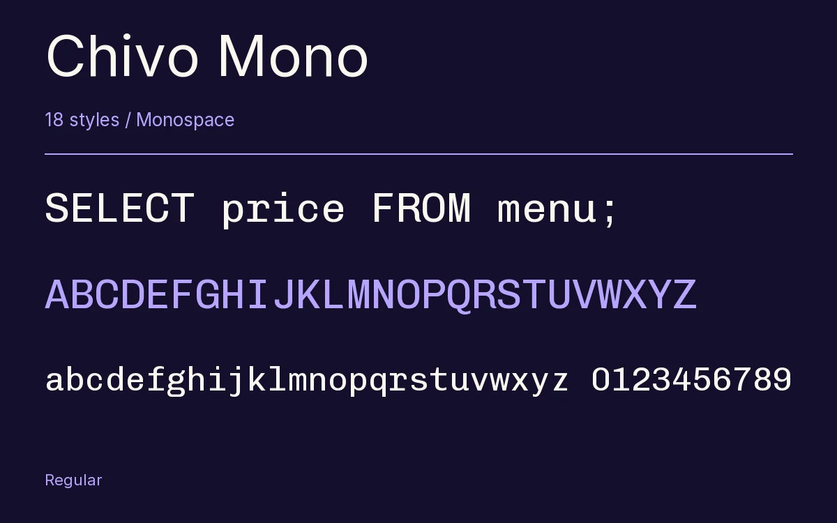Chivo Mono type specimen with letters and figures