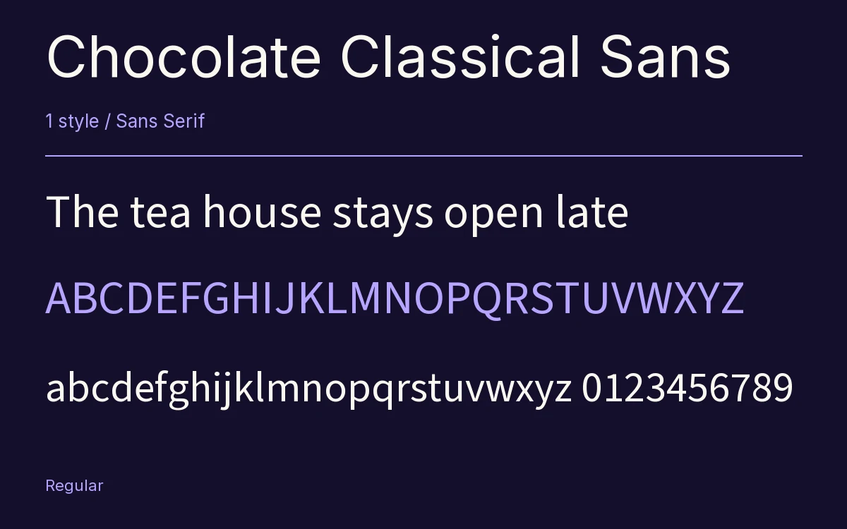 Chocolate Classical Sans type specimen with letters and figures