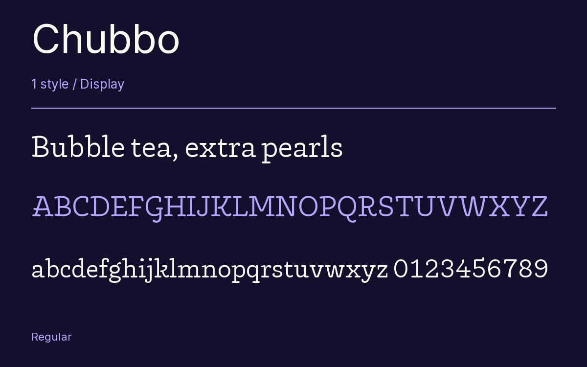 Chubbo type specimen with letters and figures