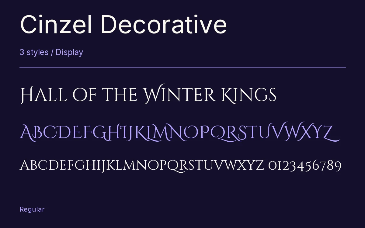 Cinzel Decorative type specimen with letters and figures