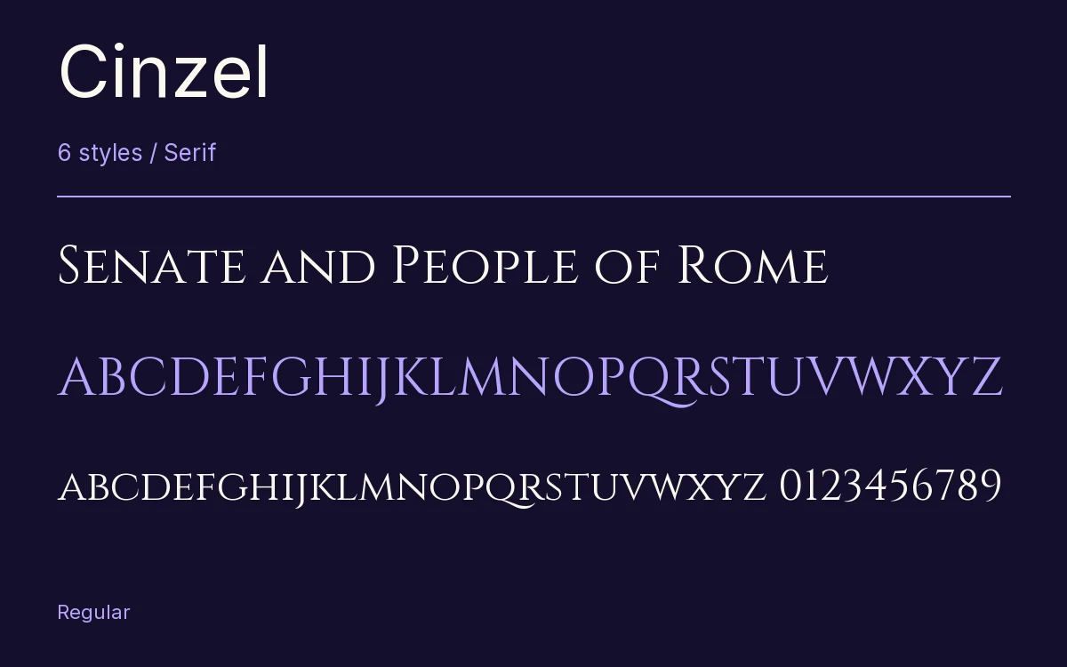 Cinzel type specimen with letters and figures