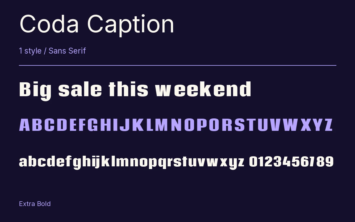 Coda Caption type specimen with letters and figures