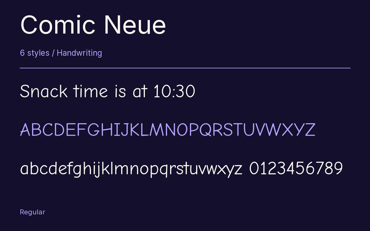 Comic Neue type specimen with letters and figures