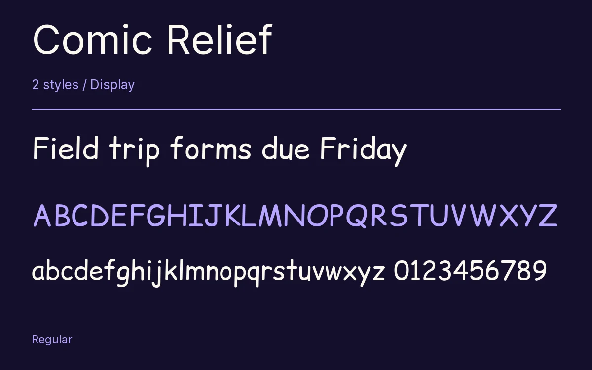 Comic Relief type specimen with letters and figures