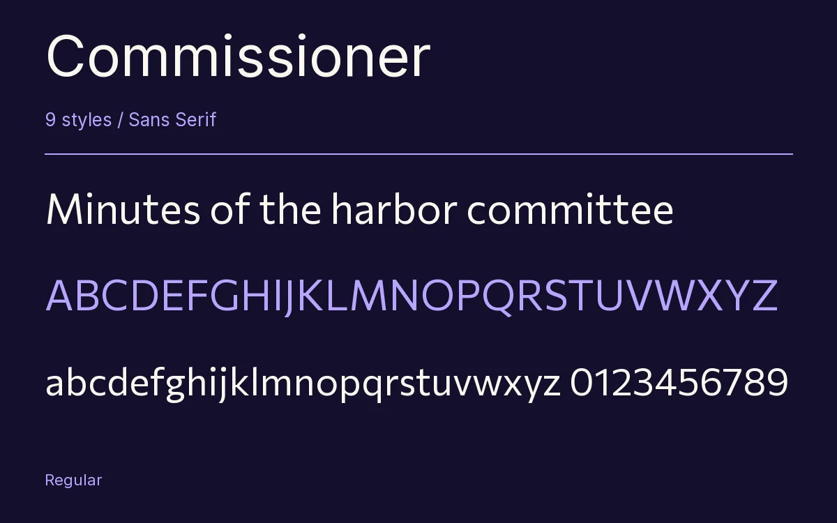 Commissioner type specimen with letters and figures