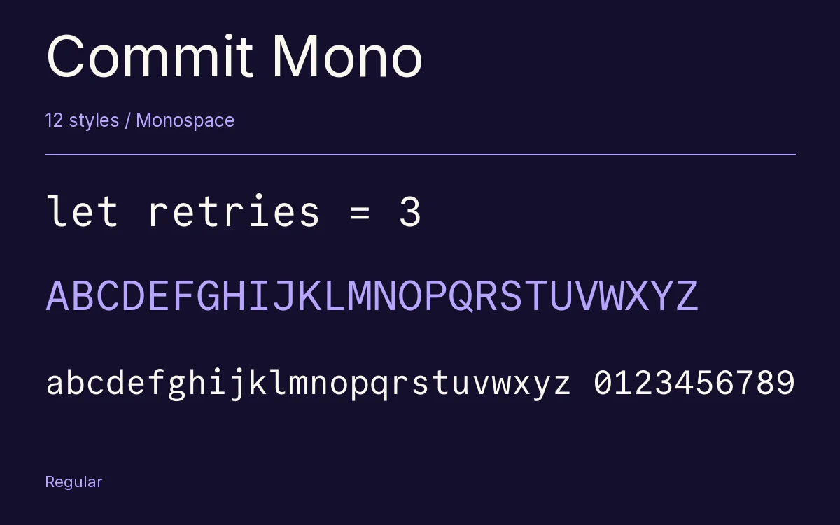 Commit Mono type specimen with letters and figures