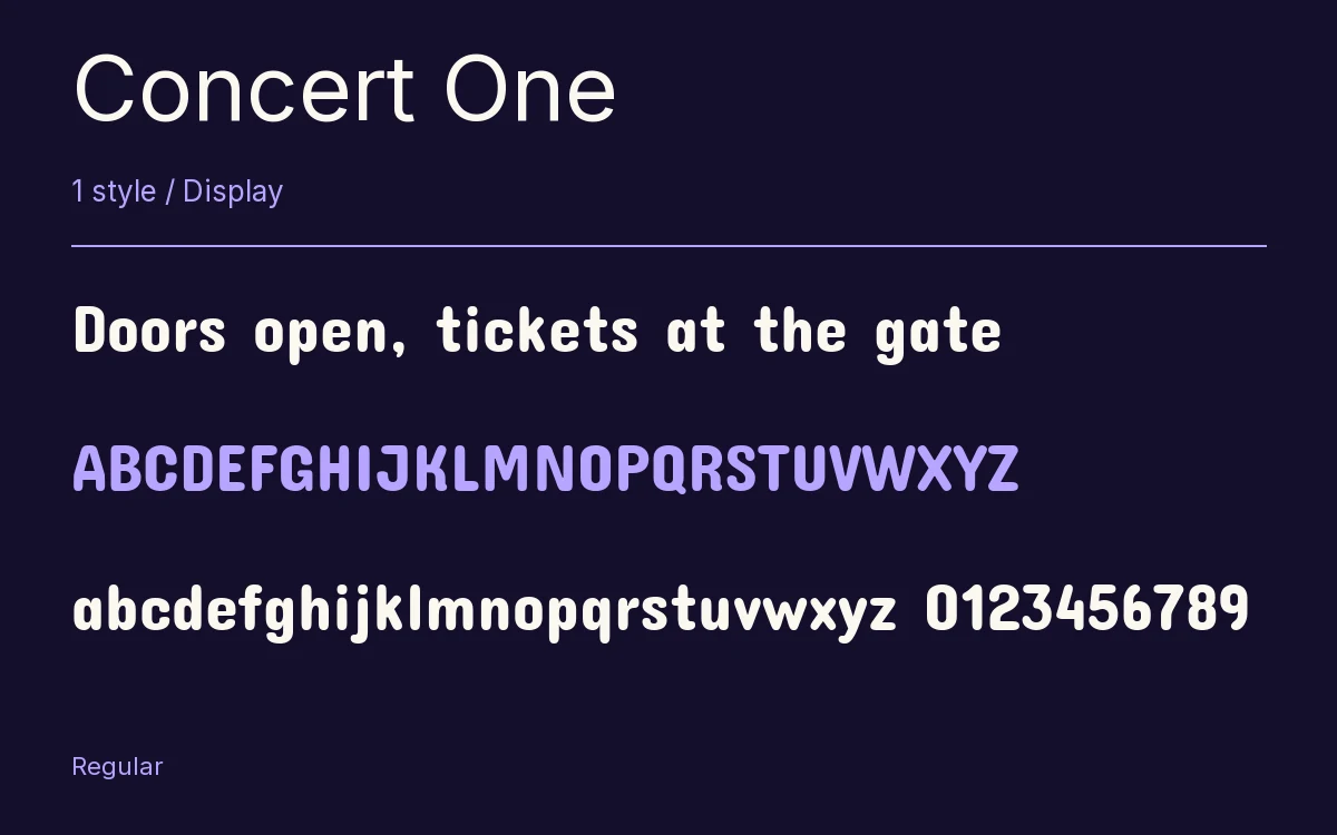 Concert One type specimen with letters and figures