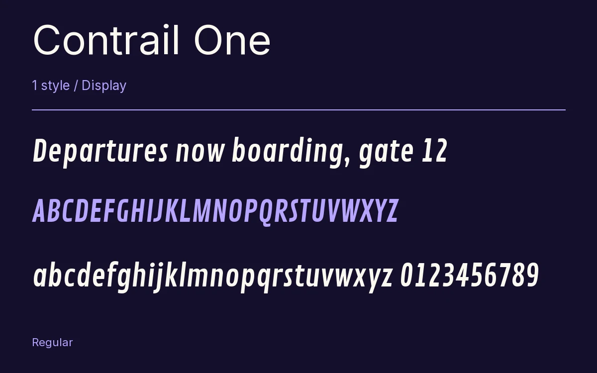 Contrail One type specimen with letters and figures