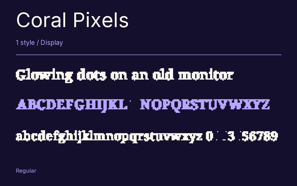 Coral Pixels type specimen with letters and figures