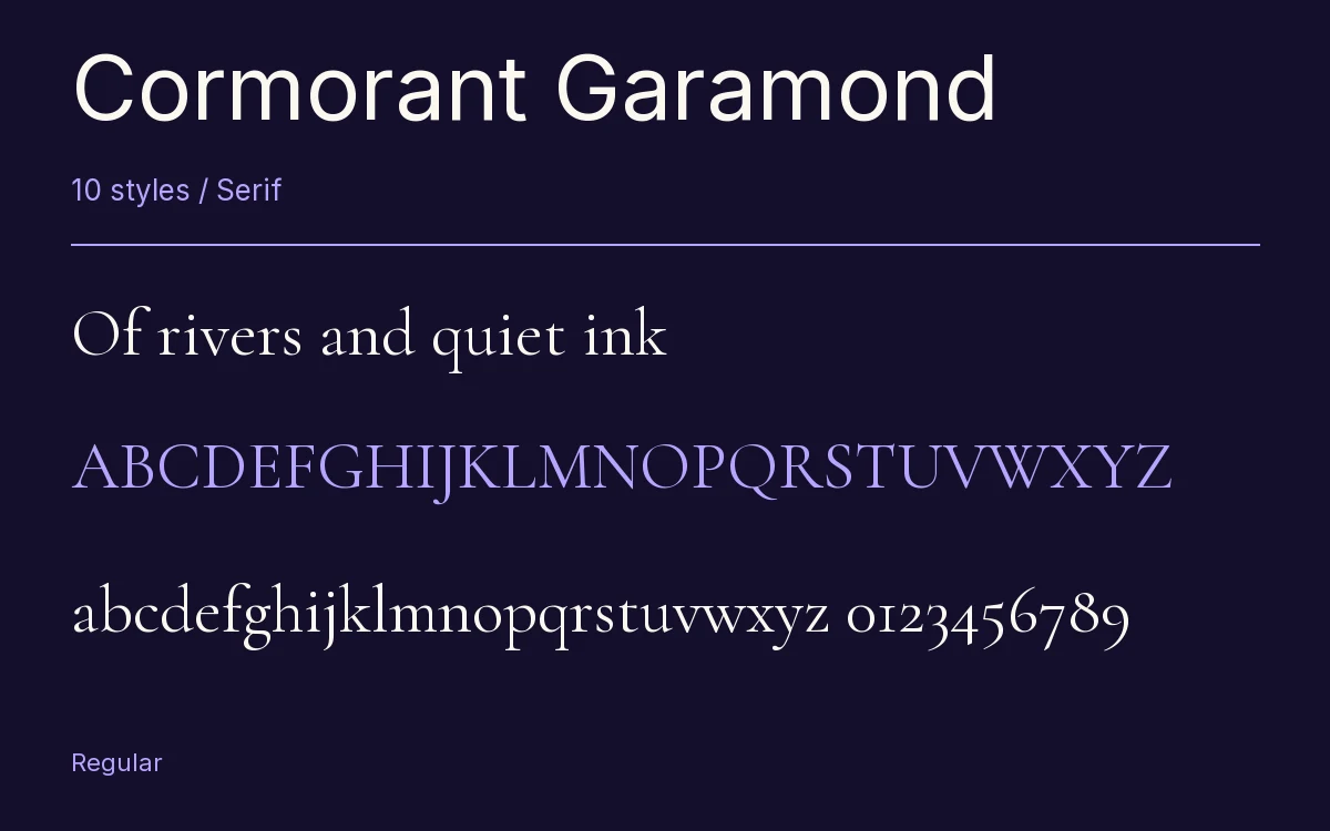Cormorant Garamond type specimen with letters and figures