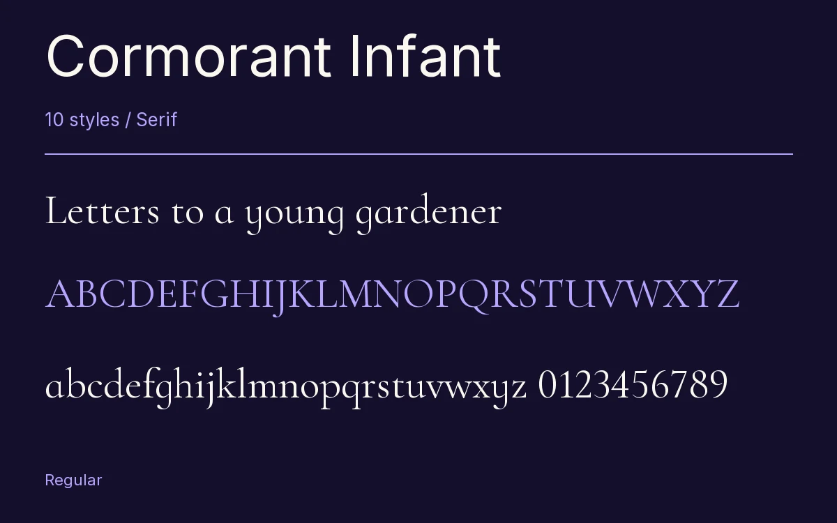 Cormorant Infant type specimen with letters and figures