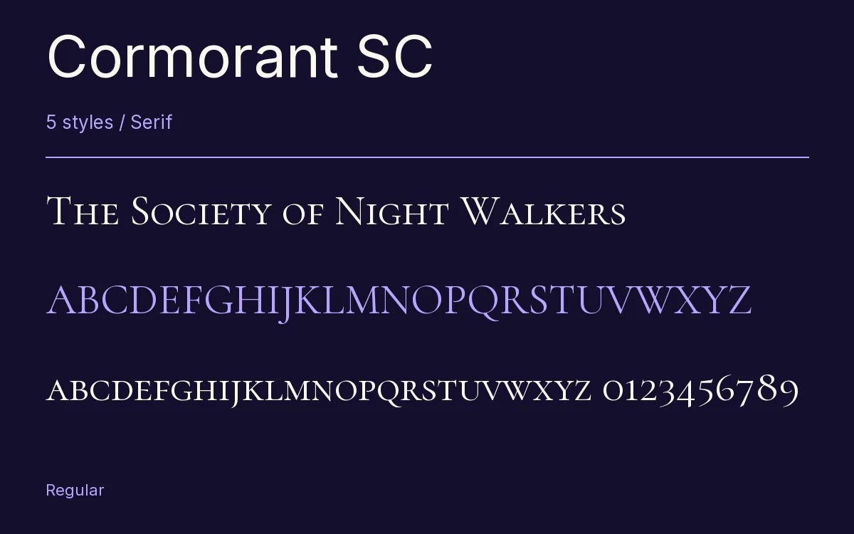 Cormorant SC type specimen with letters and figures