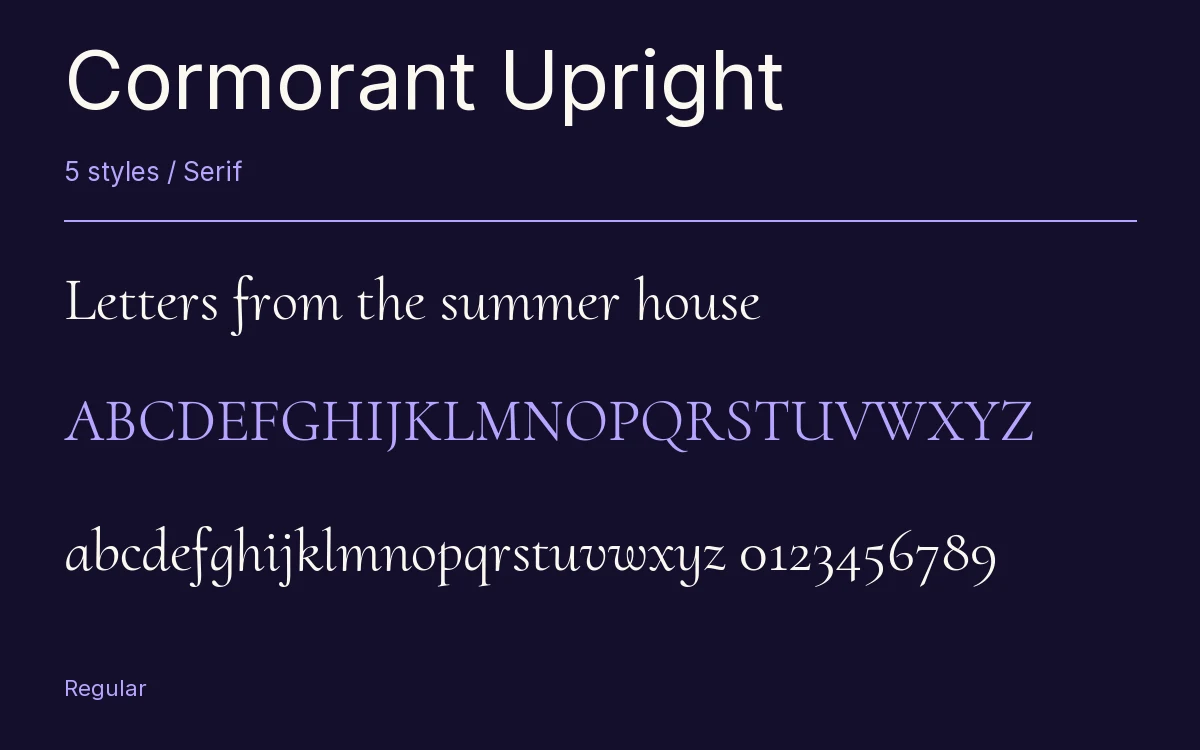 Cormorant Upright type specimen with letters and figures