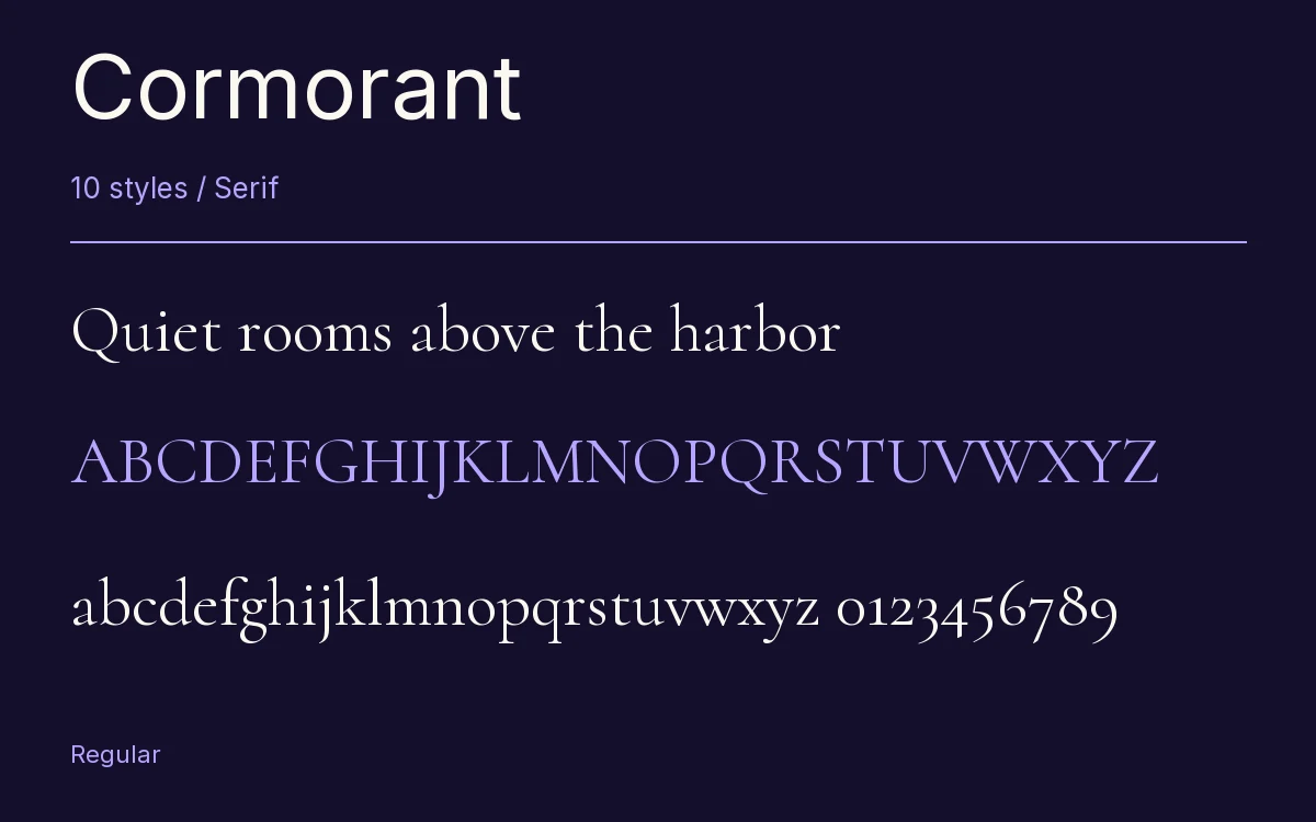 Cormorant type specimen with letters and figures