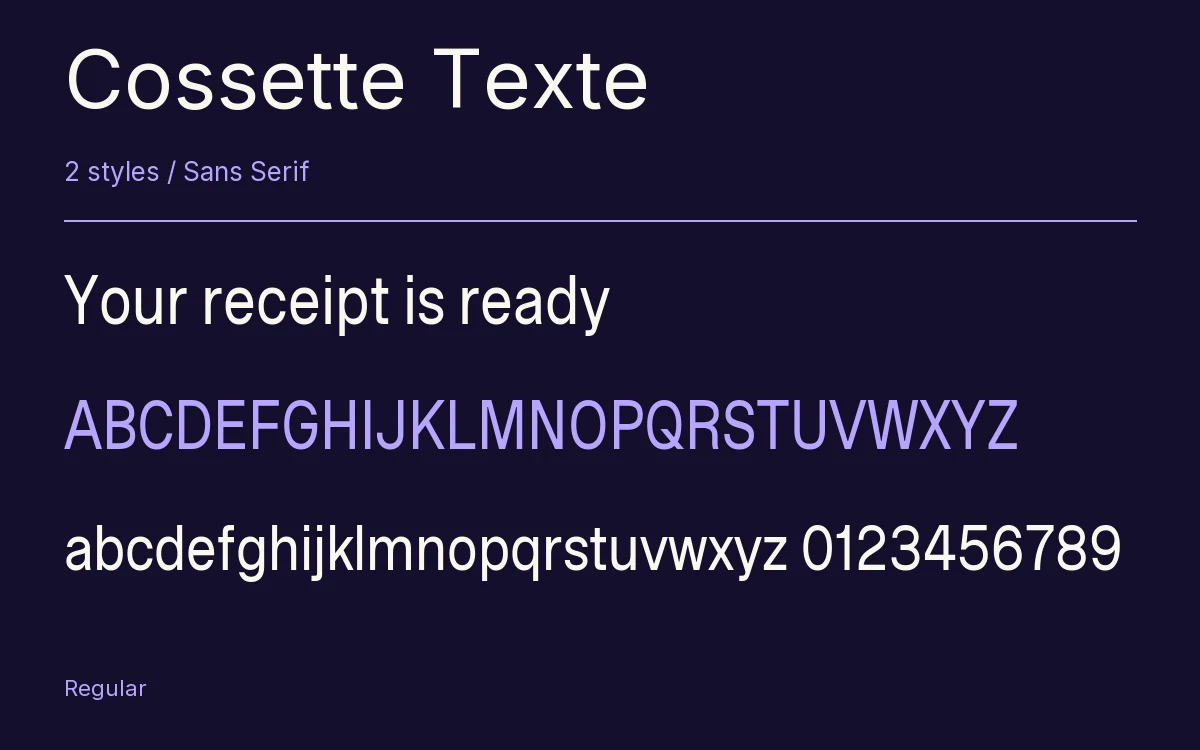 Cossette Texte type specimen with letters and figures