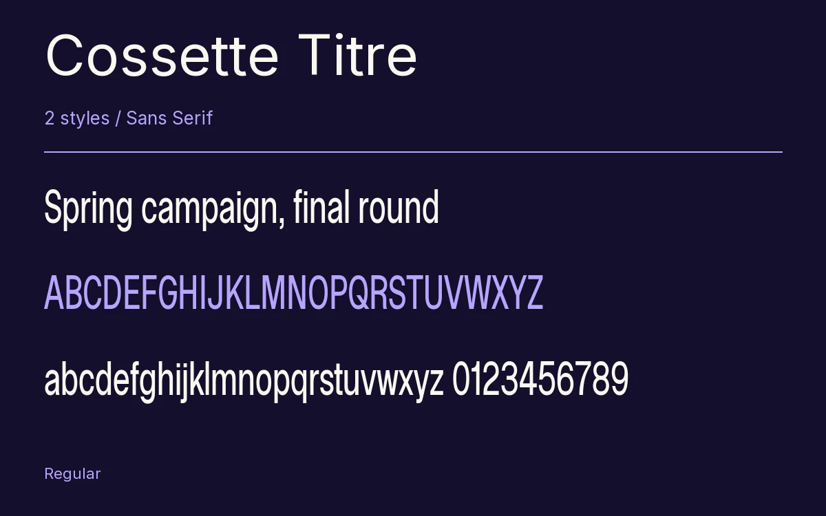 Cossette Titre type specimen with letters and figures