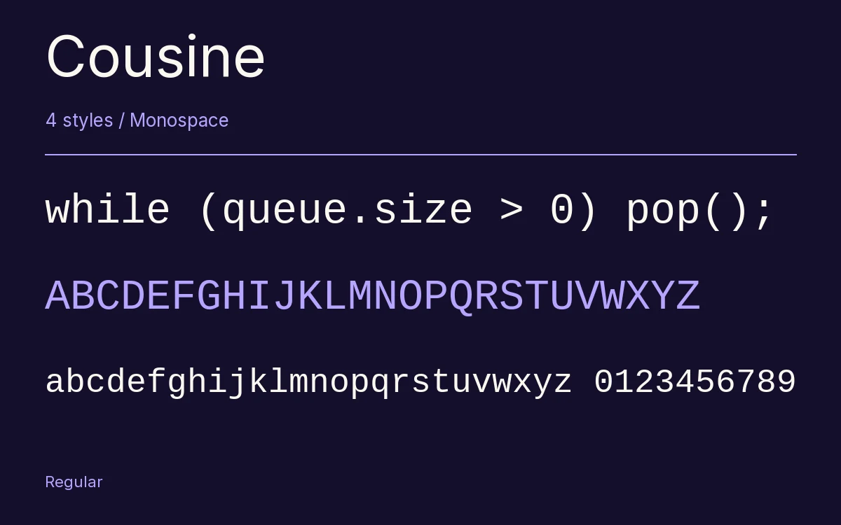 Cousine type specimen with letters and figures