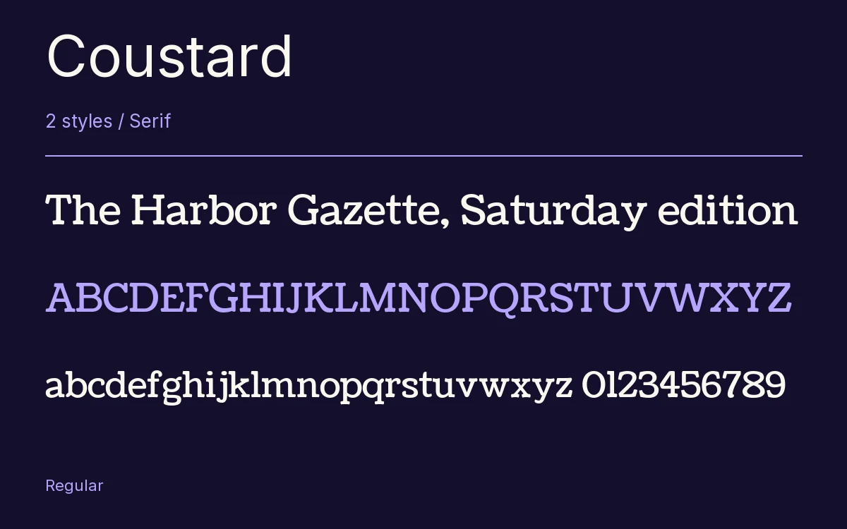 Coustard type specimen with letters and figures