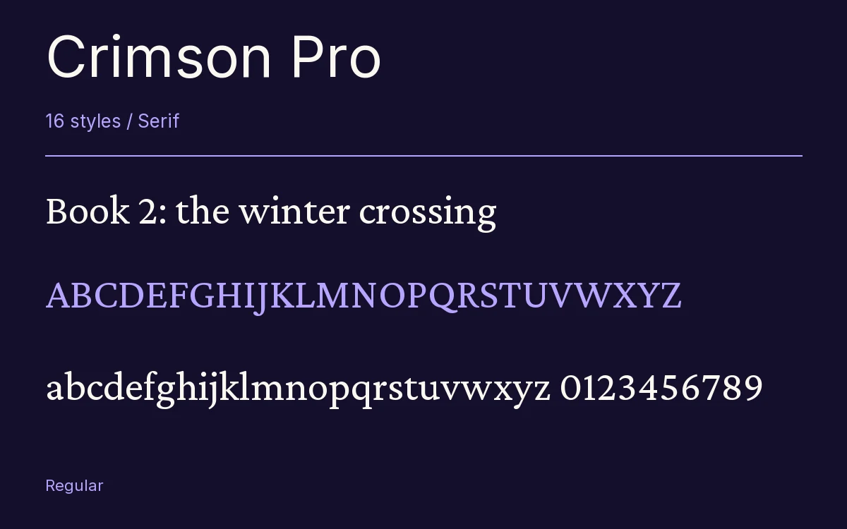 Crimson Pro type specimen with letters and figures