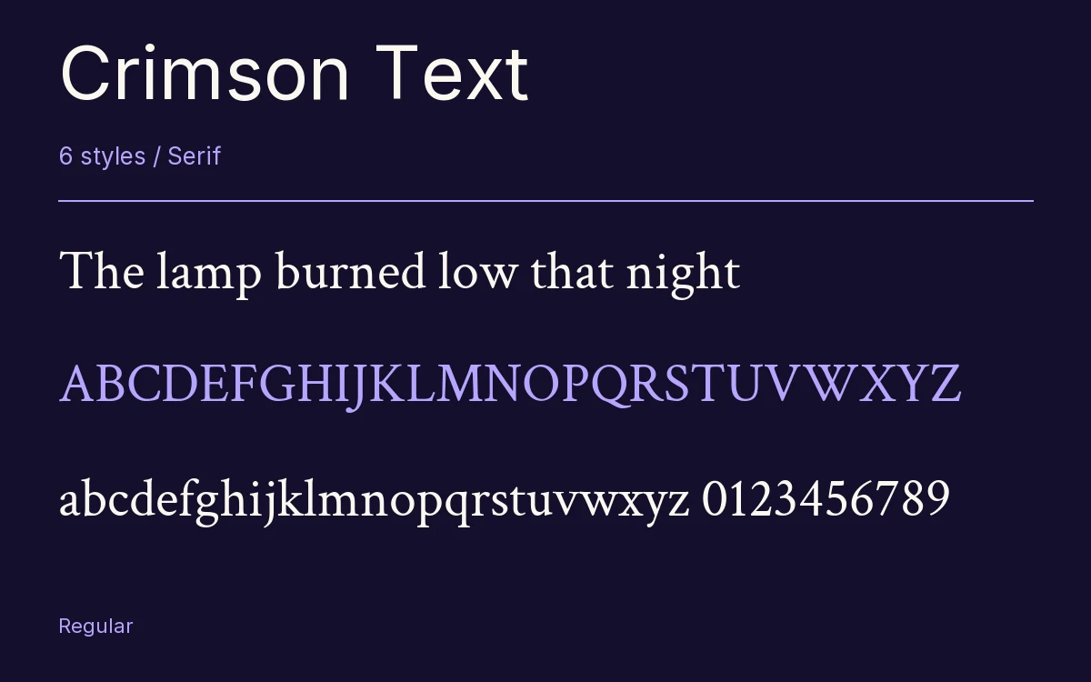 Crimson Text type specimen with letters and figures