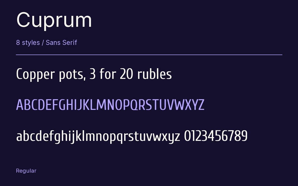 Cuprum type specimen with letters and figures