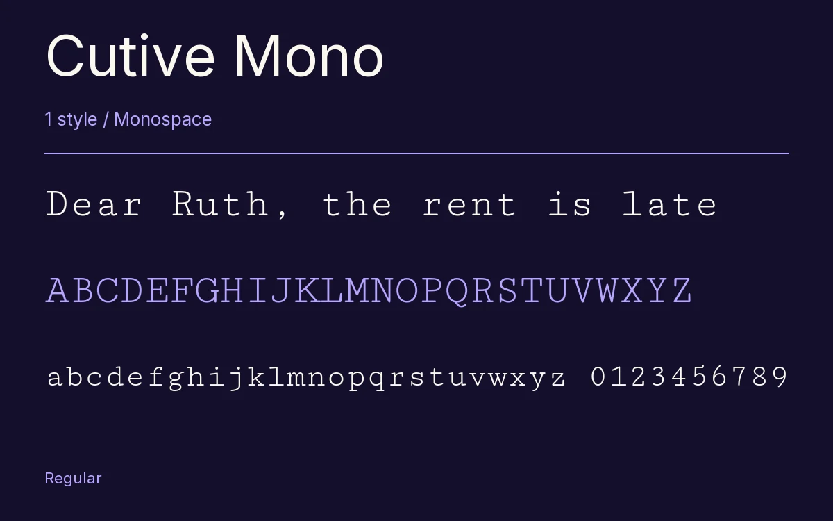 Cutive Mono type specimen with letters and figures