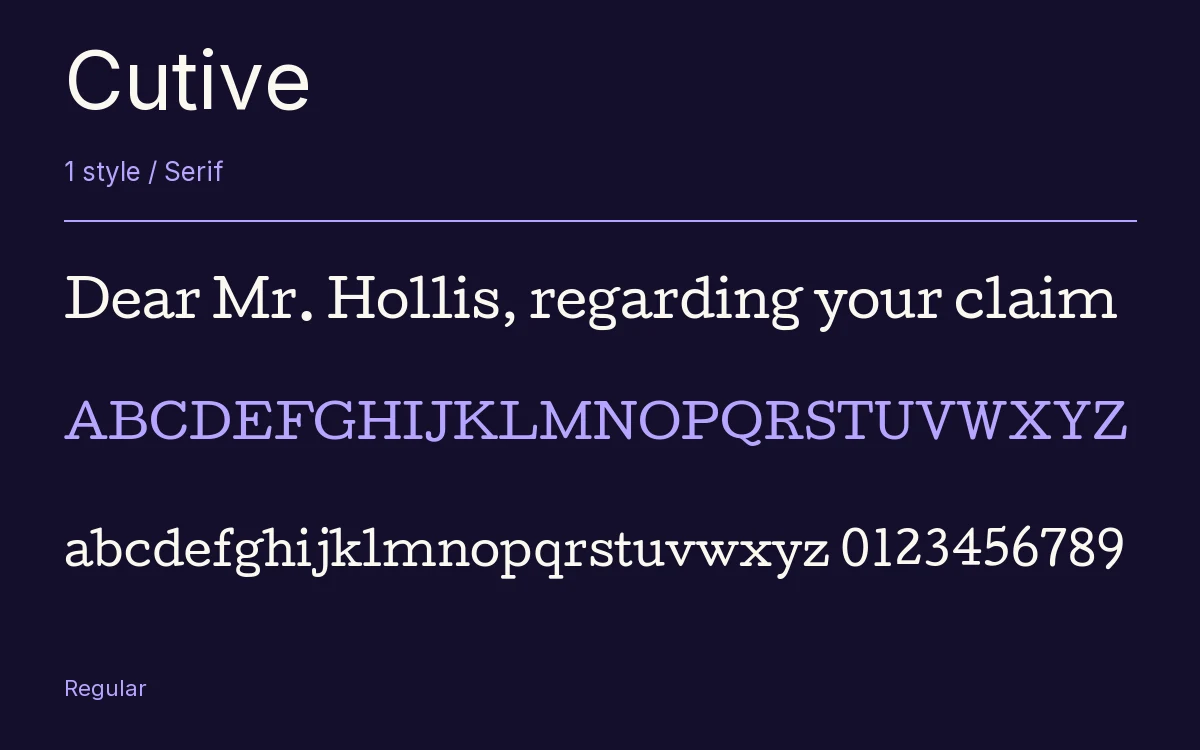 Cutive type specimen with letters and figures