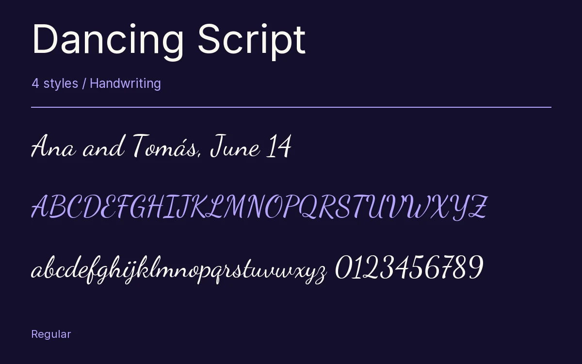 Dancing Script type specimen with letters and figures