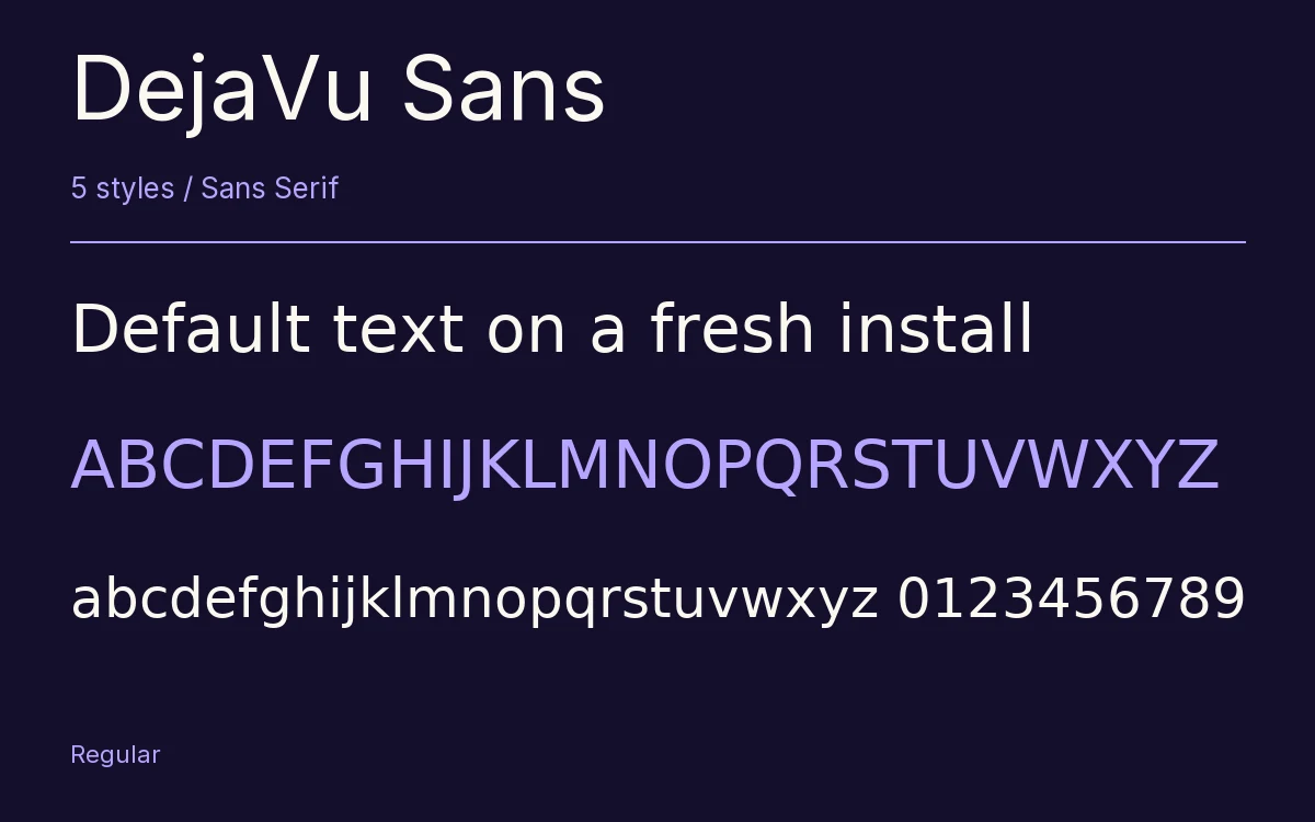 DejaVu Sans type specimen with letters and figures
