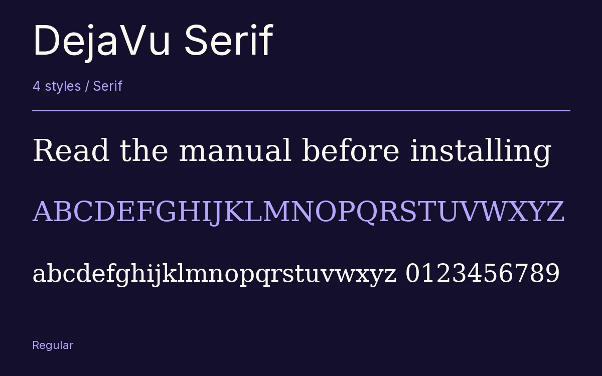 DejaVu Serif type specimen with letters and figures