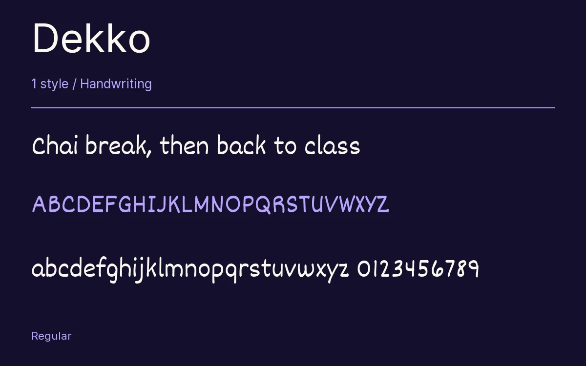 Dekko type specimen with letters and figures