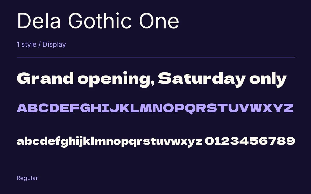 Dela Gothic One type specimen with letters and figures