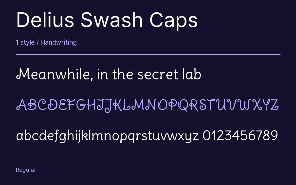 Delius Swash Caps type specimen with letters and figures