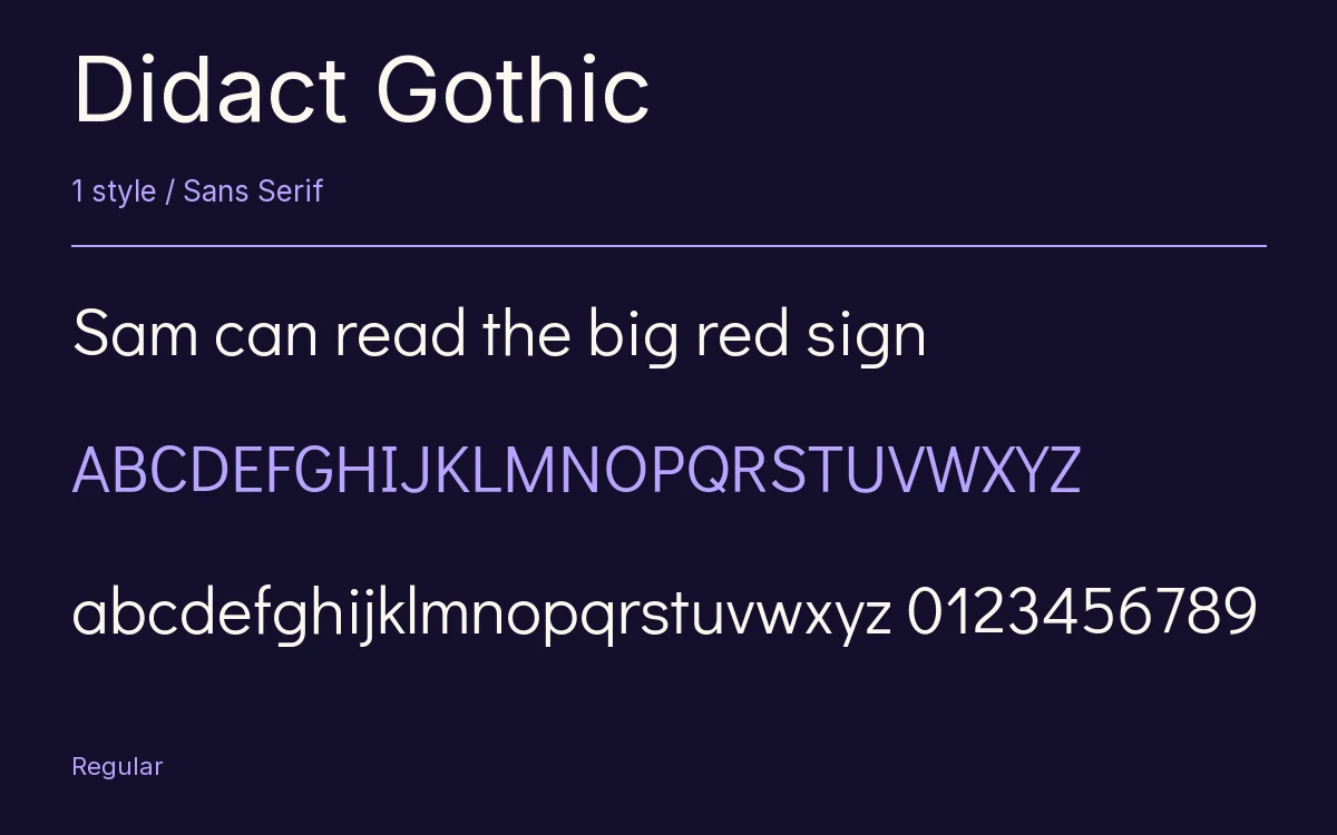 Didact Gothic type specimen with letters and figures