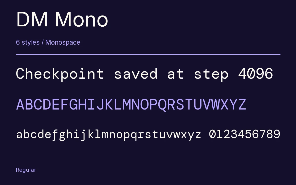 DM Mono type specimen with letters and figures